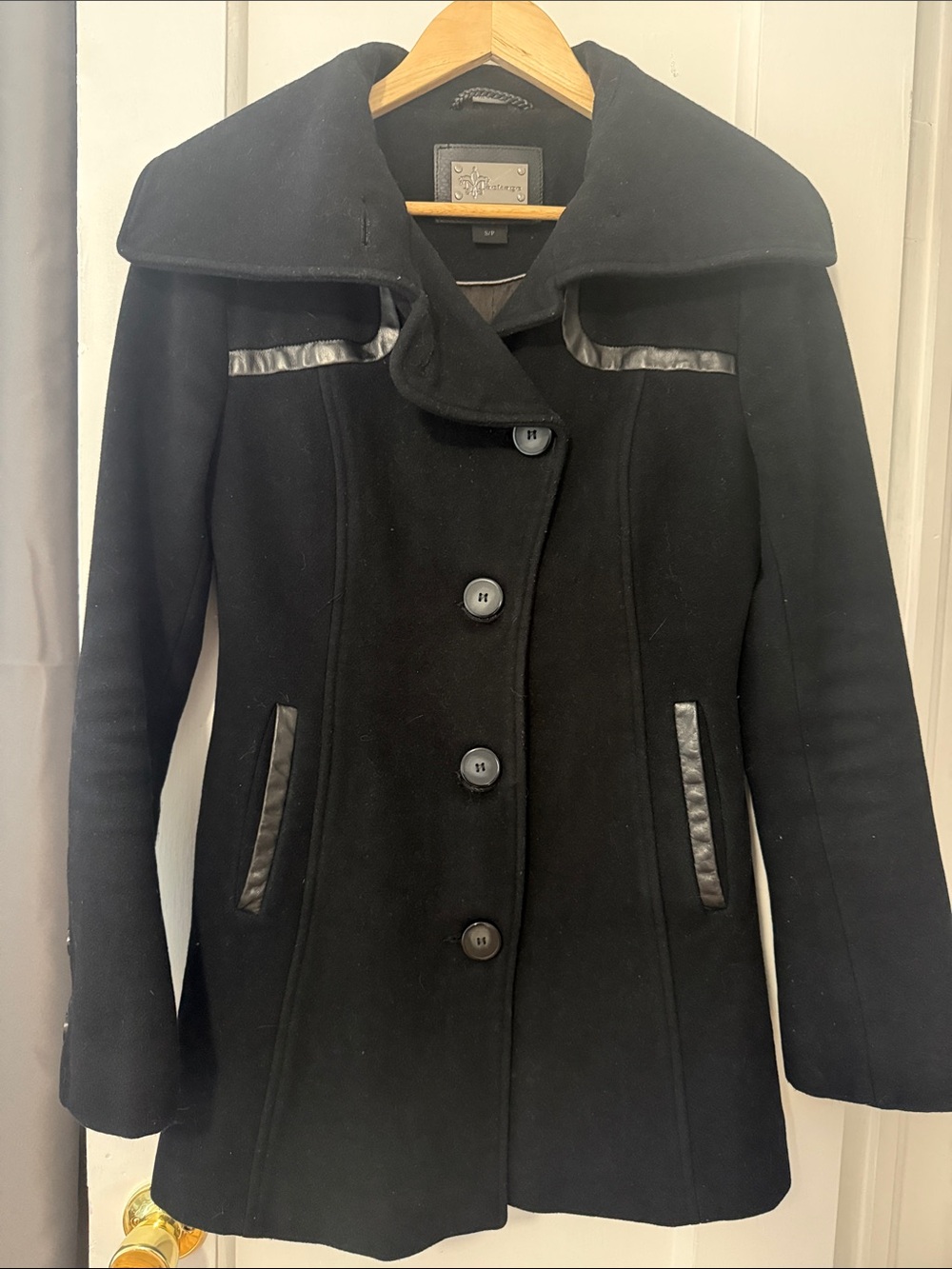 Mackage Black Peacoat with Leather-Trim Accents
